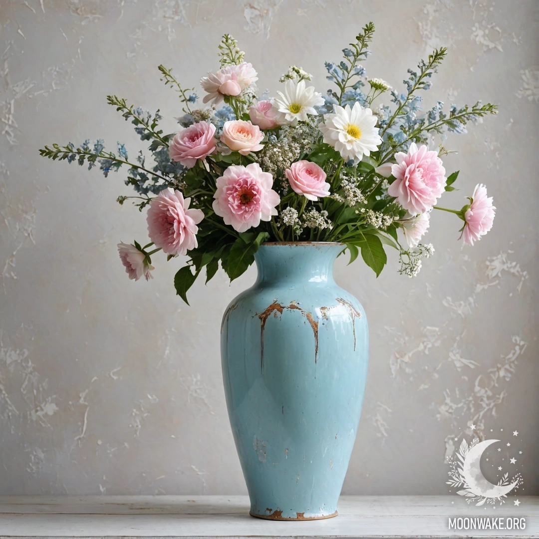 A shabby pastel blue vase filled with white and pink flowers against a white wall.