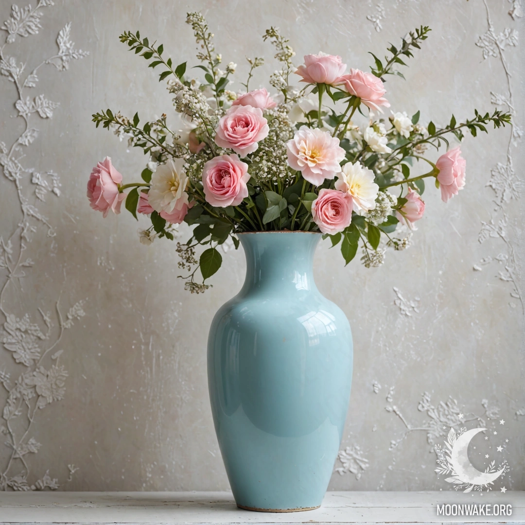 An abstract shabby metal vase in pastel blue holding white and pink flowers against a shabby white wall embellished with garland lights.
