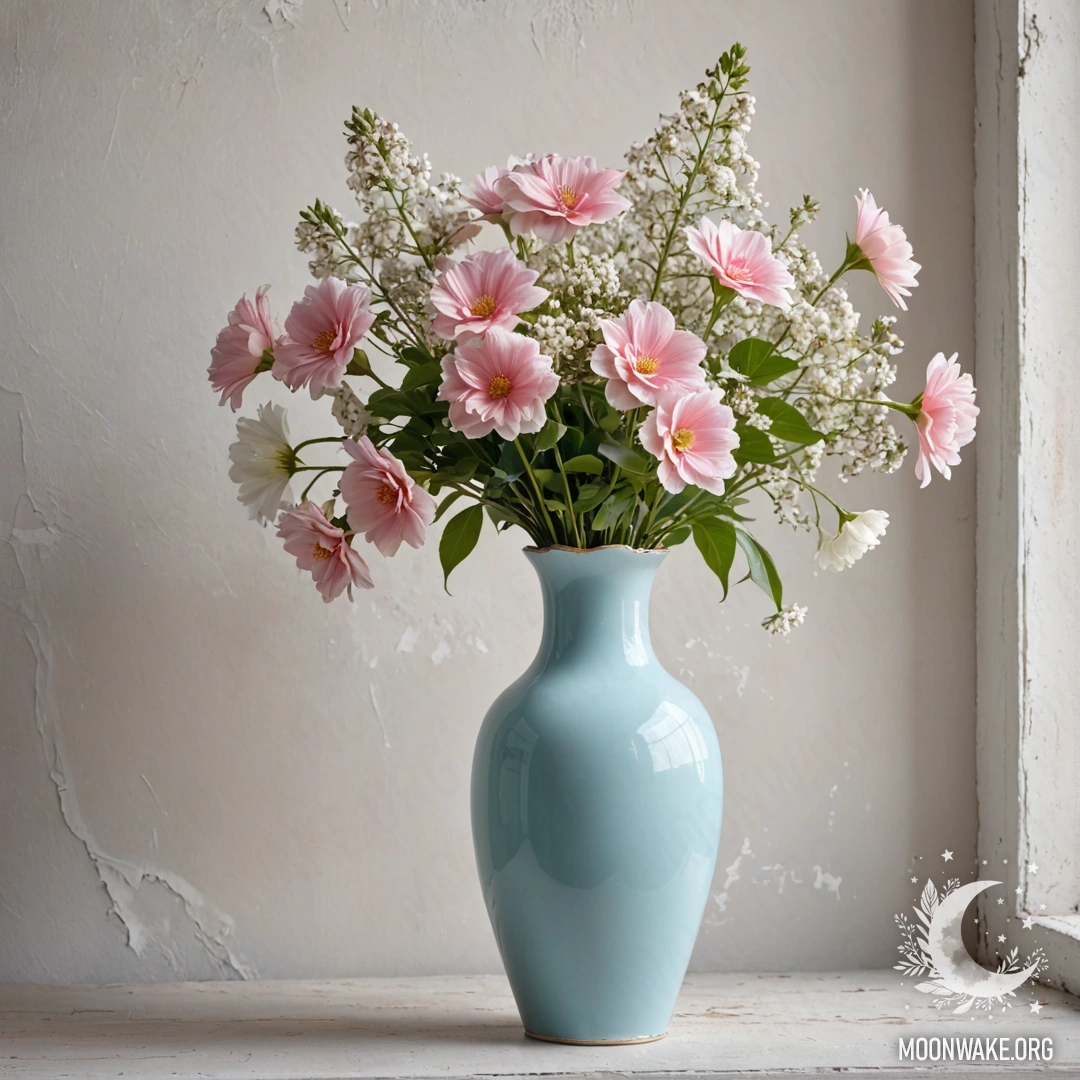 A shabby pastel blue vase filled with white and pink flowers against a faded white wall during sunset.