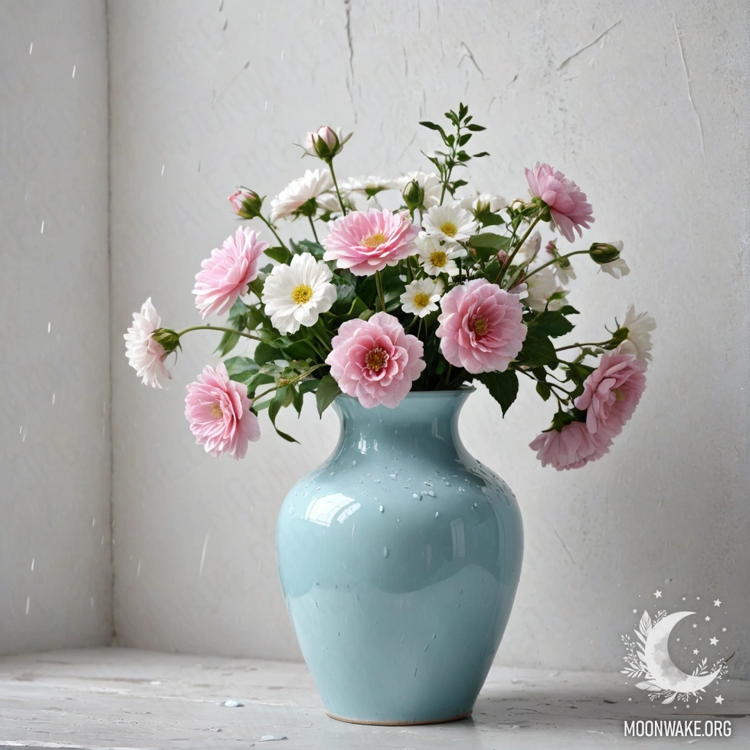 A shabby pastel blue vase filled with white and pink flowers against a worn white wall in the rain.