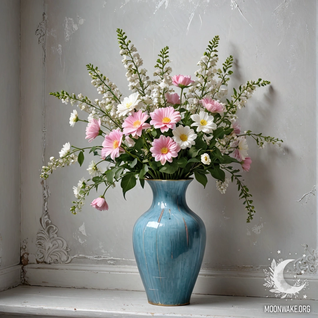 Pastel Blue Vase with Flowers at Night A shabby pastel blue vase filled with white and pink flowers, set against a worn white wall during nighttime.