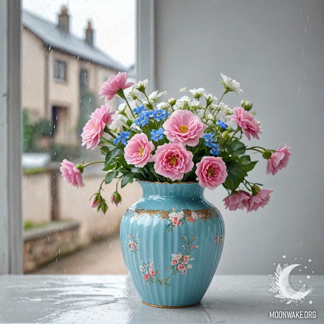 A shabby pastel blue vase filled with white and pink flowers against a white wall, with rain falling in the background.