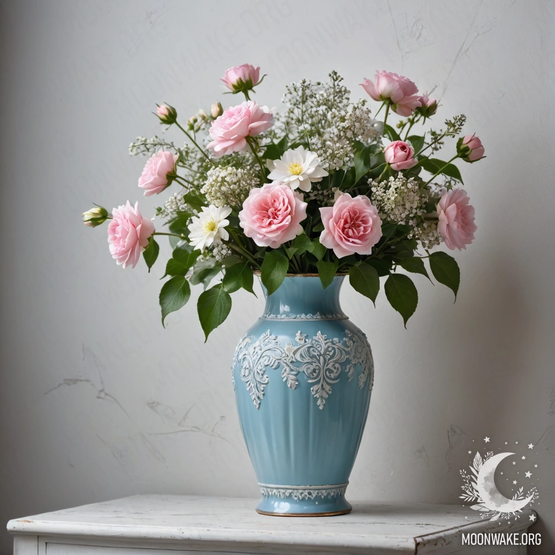 A shabby pastel blue vase filled with white and pink flowers against a shabby white wall at night.
