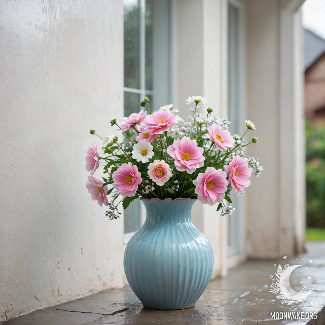 A shabby pastel blue vase filled with white and pink flowers against a white wall, with raindrops falling.