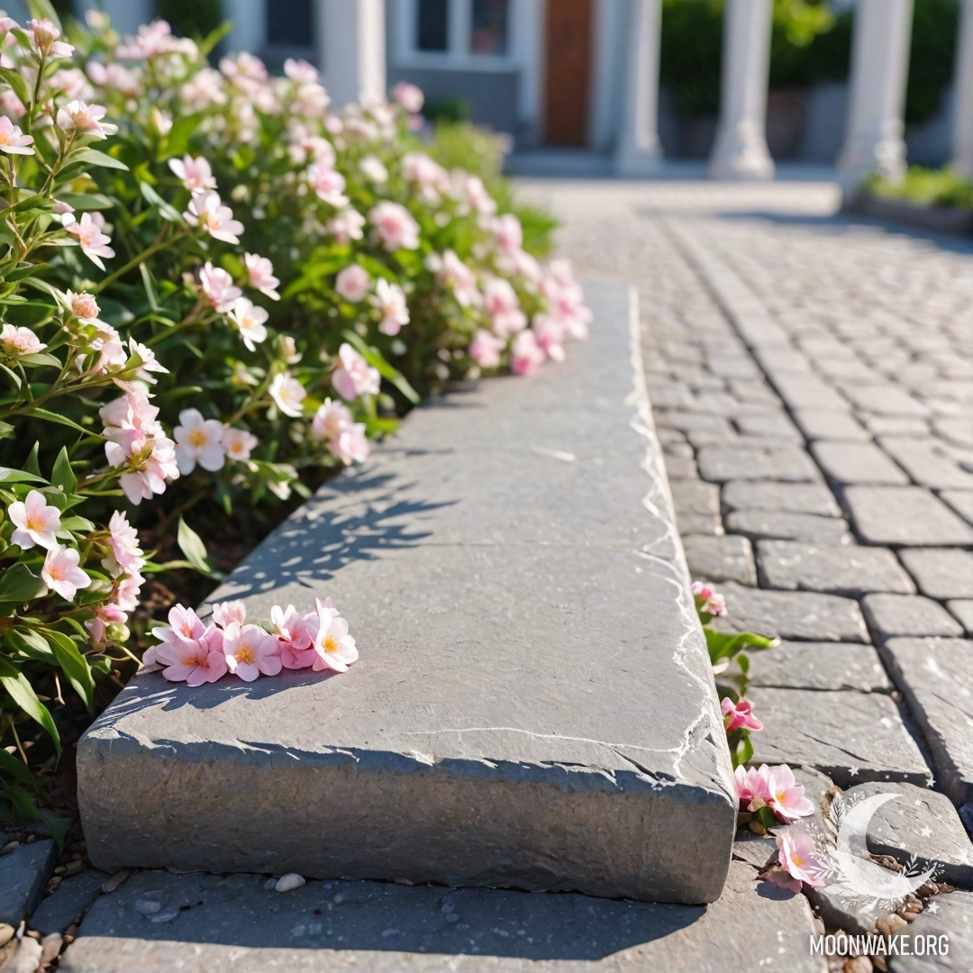 A shabby stone curb adorned with small white and pink flowers, illuminated by garland lights.