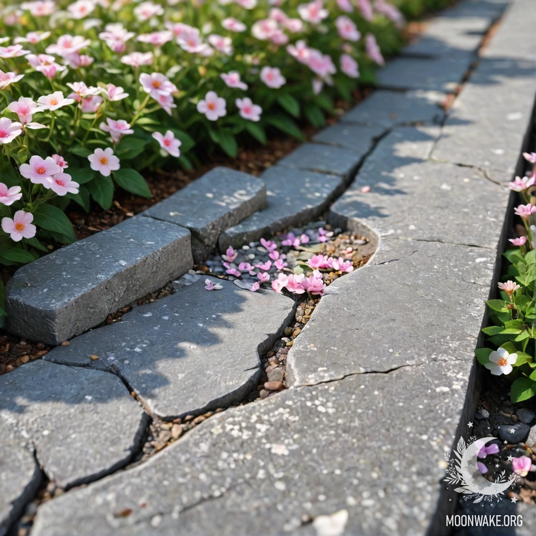 A weathered stone curb with small white and pink flowers growing behind it.