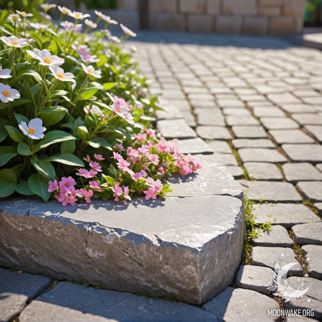 A shabby stone curb adorned with delicate white and pink flowers, illuminated by sun rays.