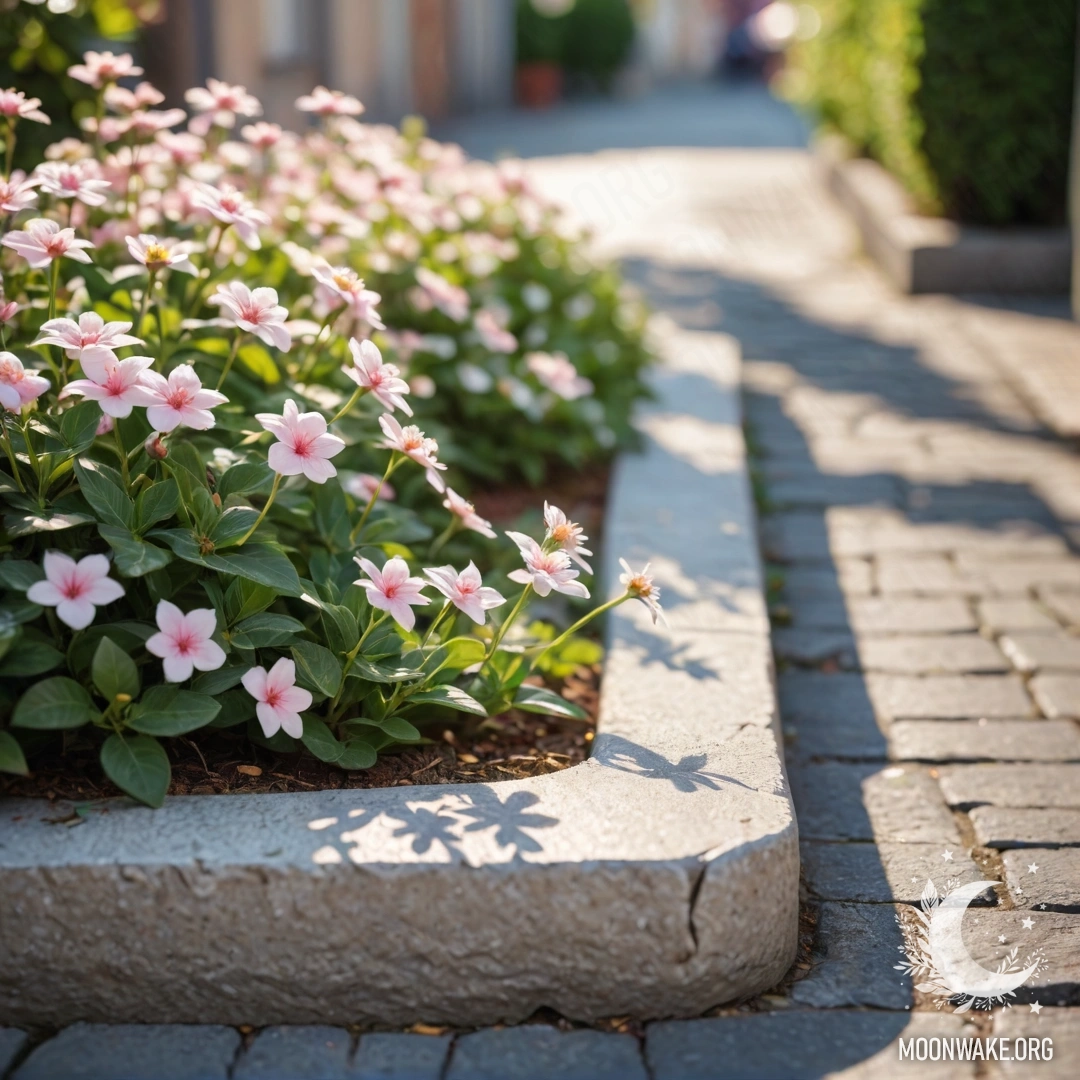 A shabby stone curb with small white and pink flowers growing behind it, illuminated by the sun.