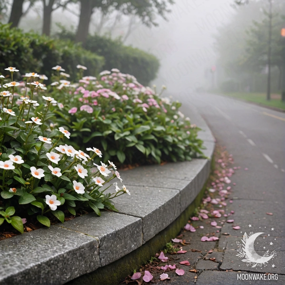 Shabby Stone Curb with Delicate Flowers A shabby stone curb adorned with small white and pink flowers in dense fog.