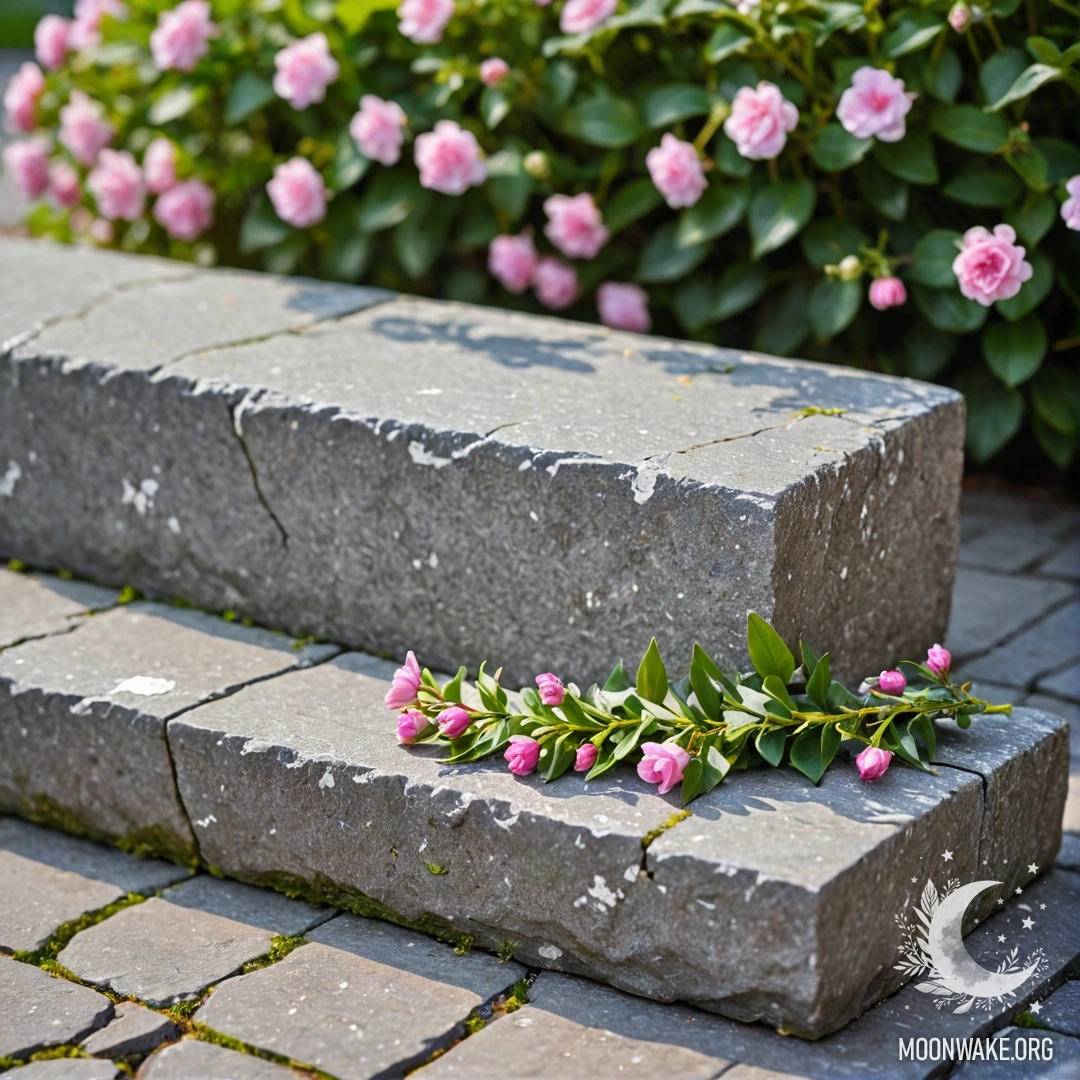A shabby stone curb with small white and pink flowers growing behind it, illuminated by garland lights.