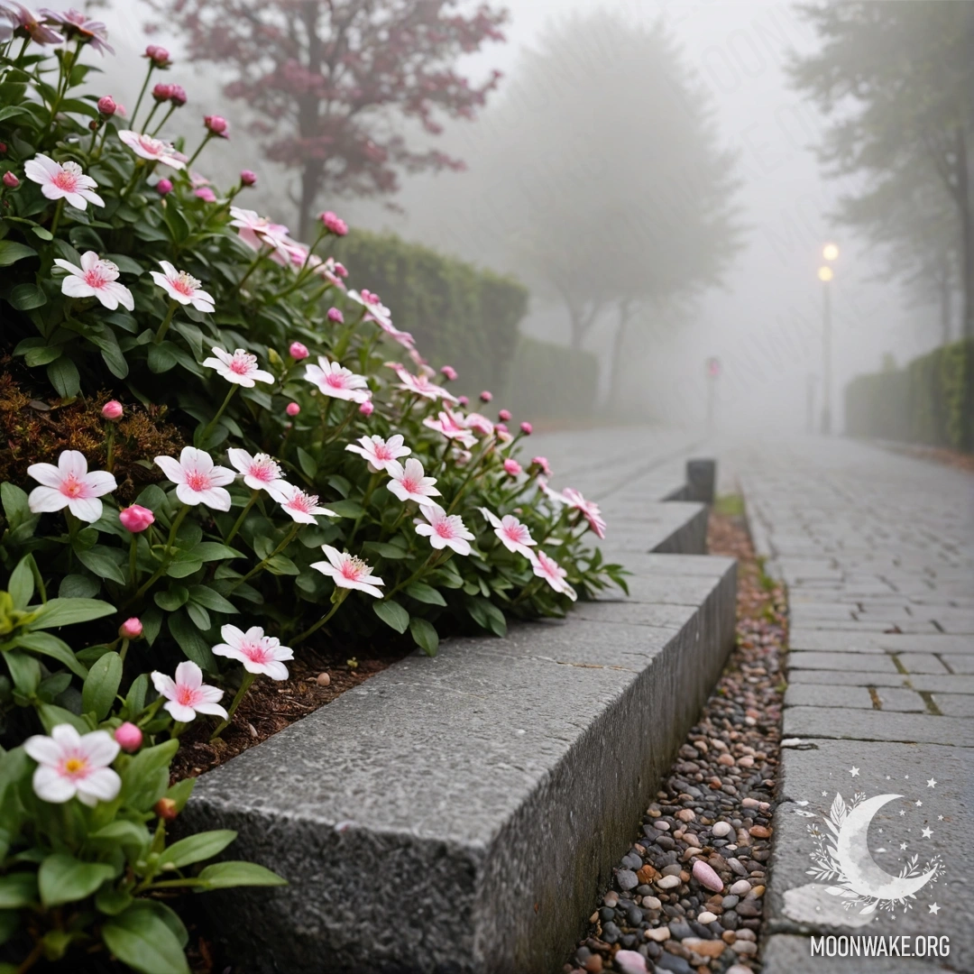 Shabby Stone Curb with Flowers in Fog A shabby stone curb with small white and pink flowers growing behind it in dense fog.