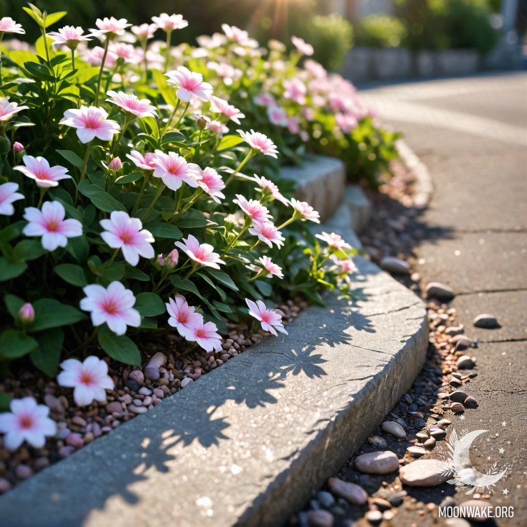 A shabby stone curb with small white and pink flowers growing behind it, illuminated by sun rays.