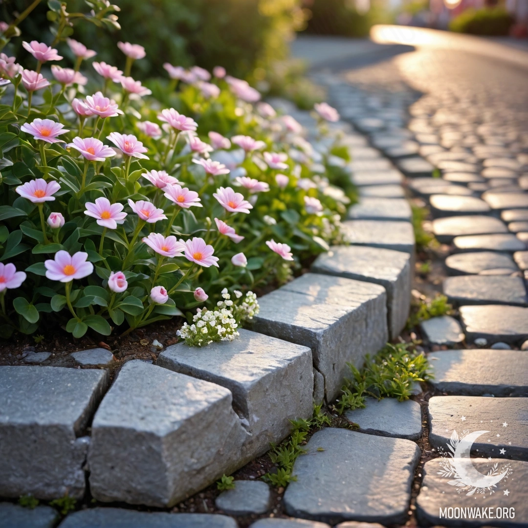 A shabby stone curb with small white and pink flowers growing behind it during sunset.