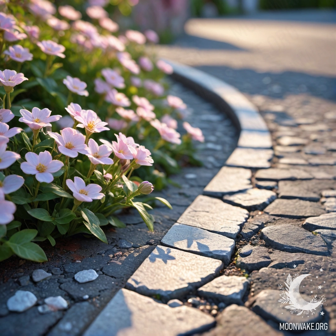 A shabby stone curb with small white and pink flowers growing behind it at sunset.