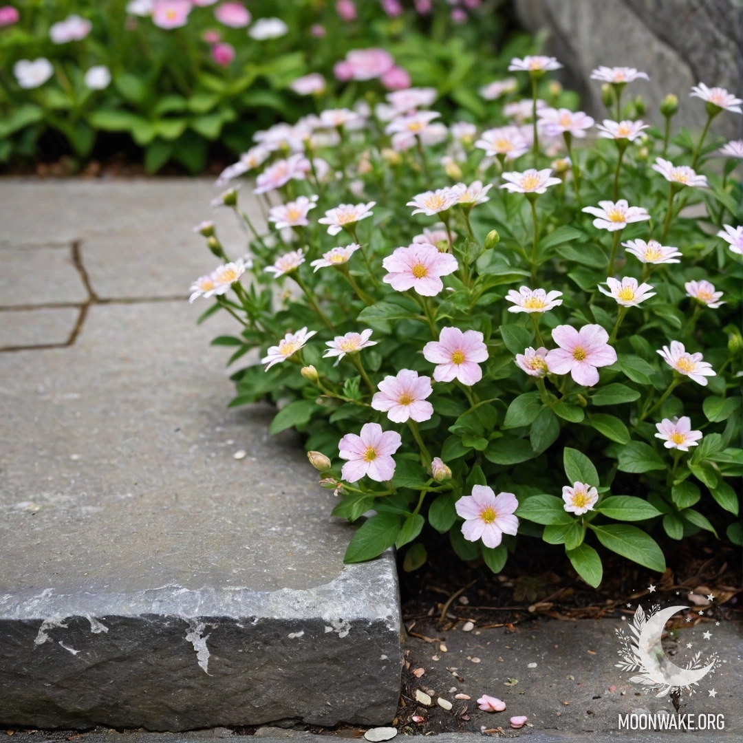 A shabby stone curb with small white and pink flowers growing behind it.