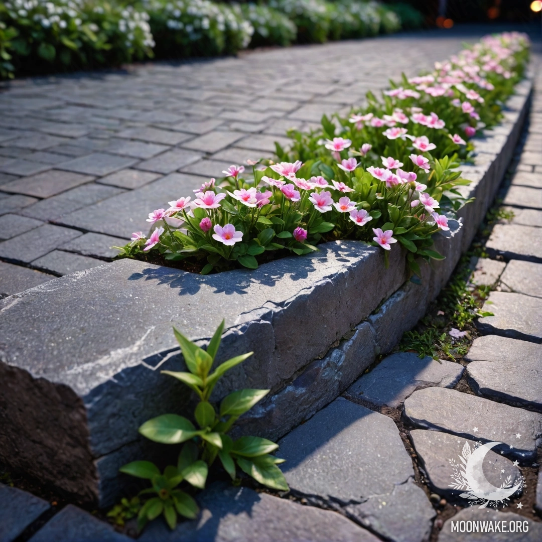 A shabby stone curb with small white and pink flowers growing behind it at night.