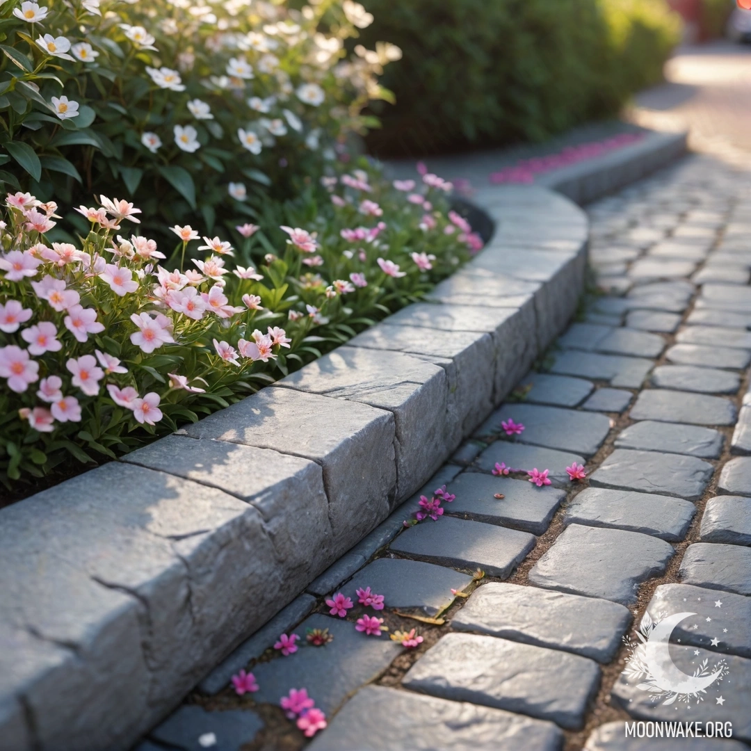 A shabby stone curb with small white and pink flowers at sunset.