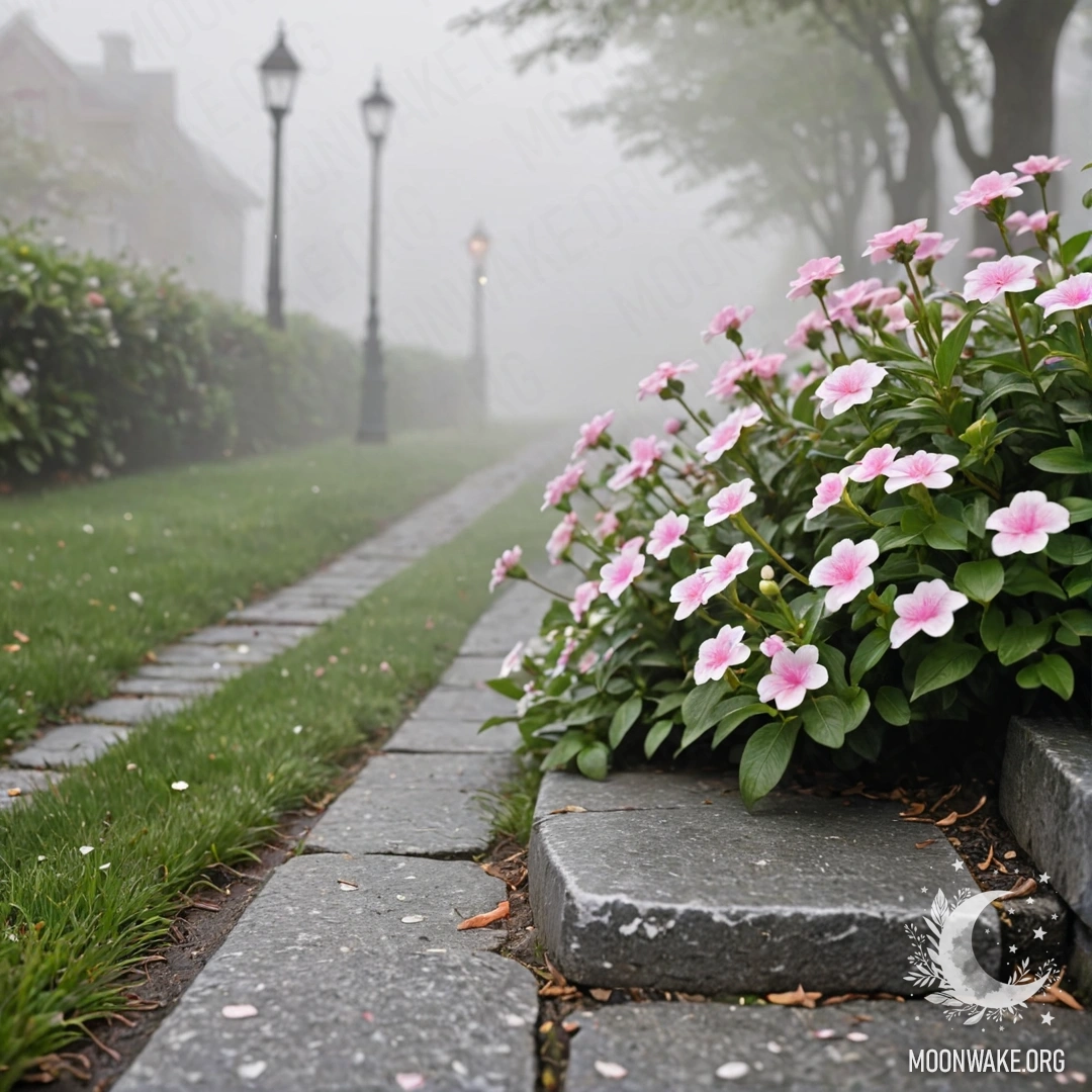 Mystical Mist with Delicate Flowers A shabby stone curb partially hidden by dense mist, with small white and pink flowers growing behind it.