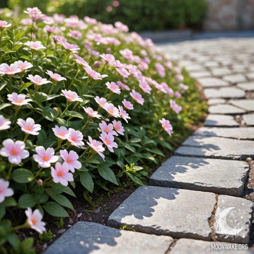 A shabby stone curb with small white and pink flowers growing behind it.