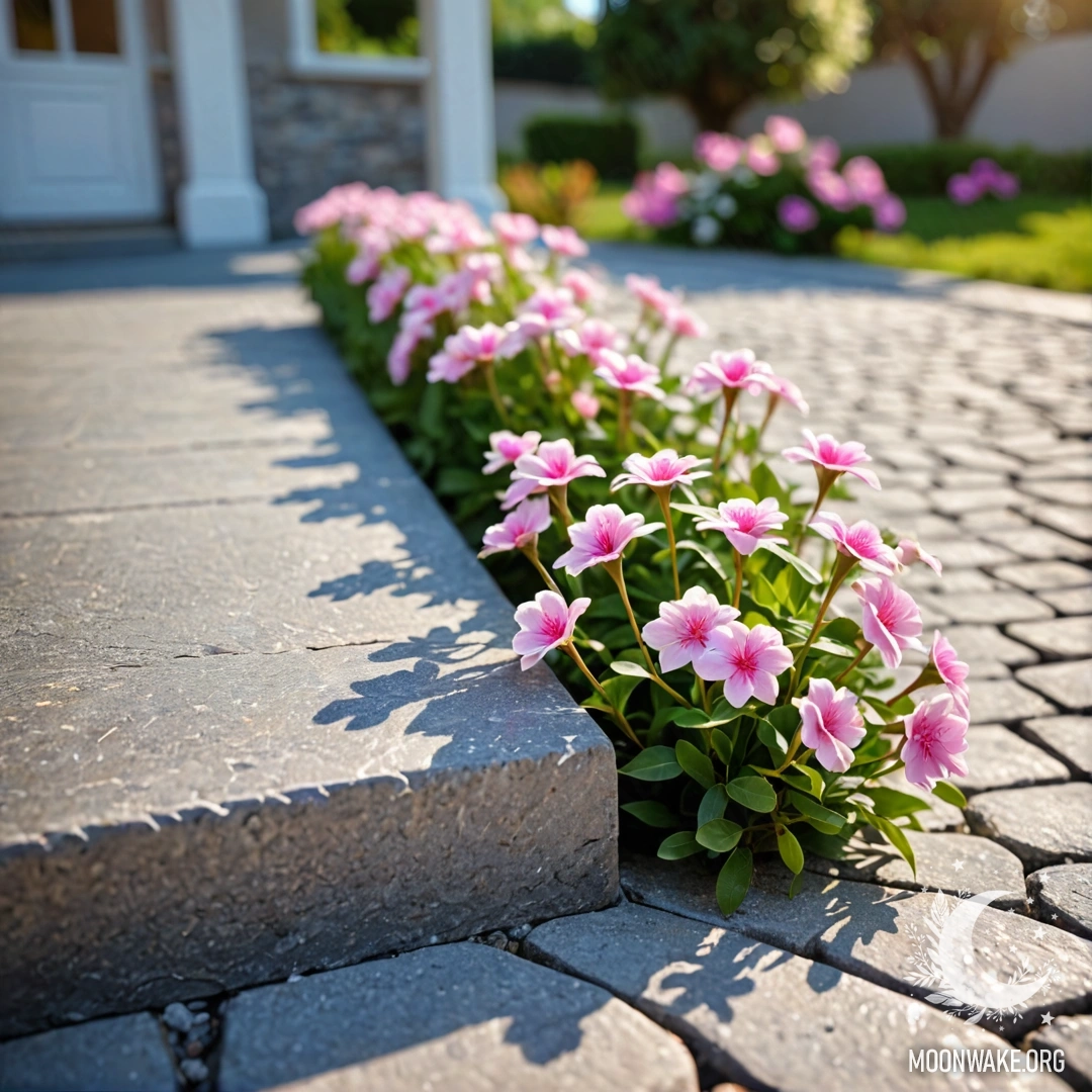 A shabby stone curb adorned with small white and pink flowers and twinkling garland lights.