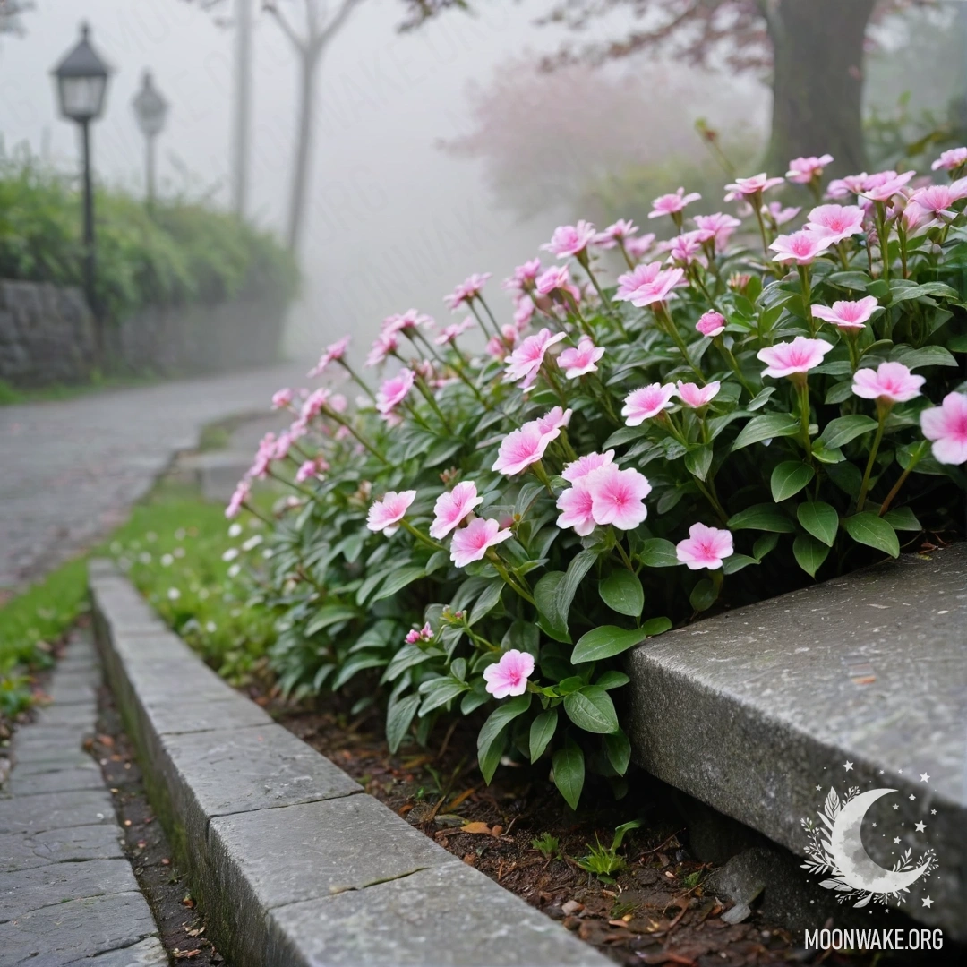 Shabby Stone Curb with Flowers in Mist A shabby stone curb with small white and pink flowers growing behind it in a dense mist.