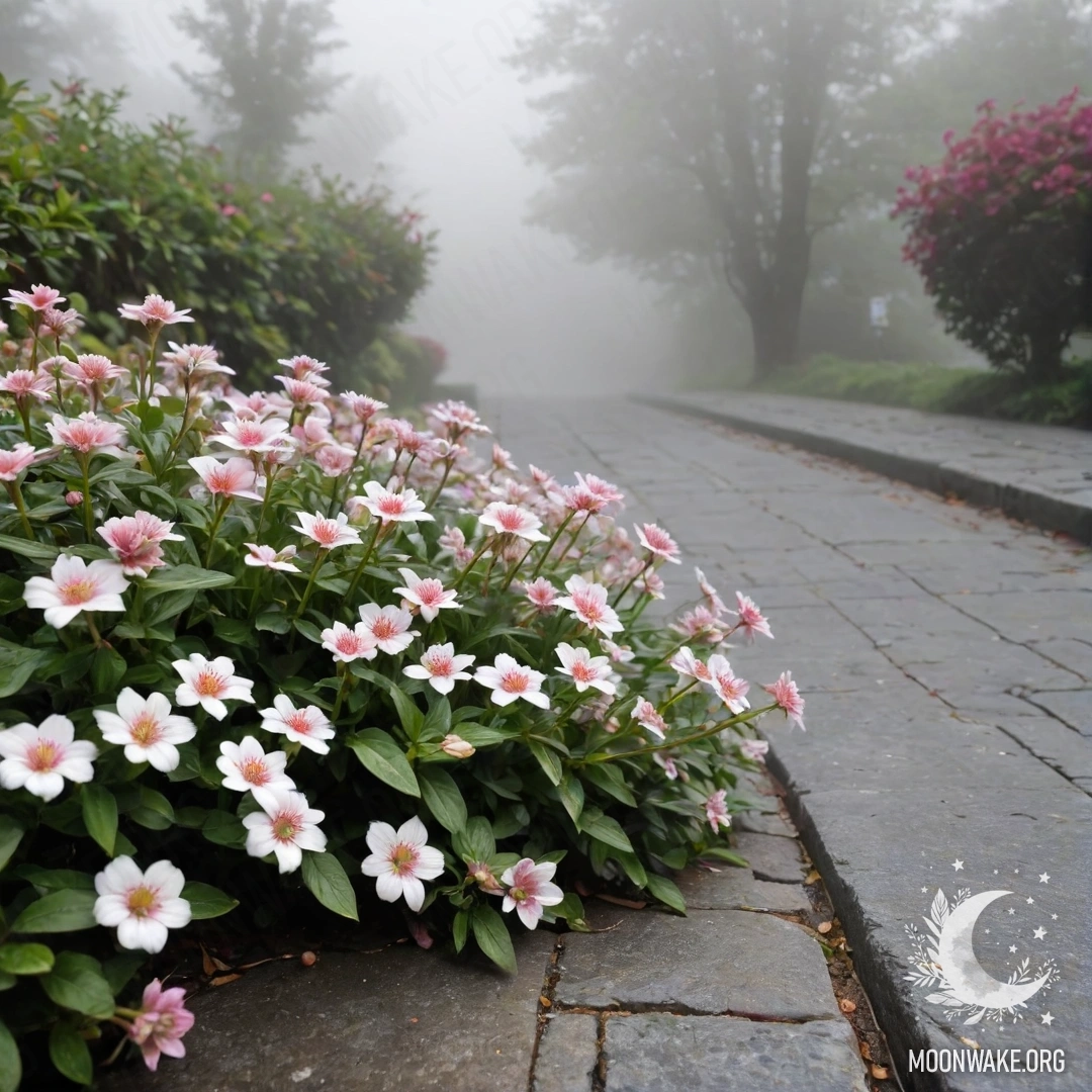 Mist-covered Stone Curb with Delicate Flowers A shabby stone curb in dense mist, adorned with small white and pink flowers.