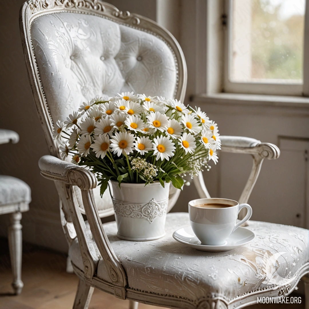 A close-up of a shabby vintage chair draped with white fabric, featuring a cup of coffee on the side and a white milk bucket filled with daisies.