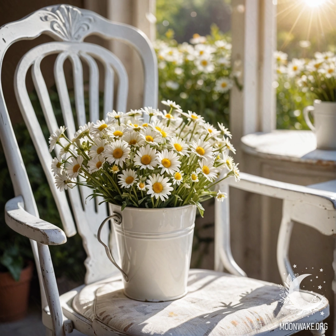 Close-up of a shabby vintage chair with white fabric, a cup of coffee, and a milk bucket filled with daisies illuminated by sun rays.