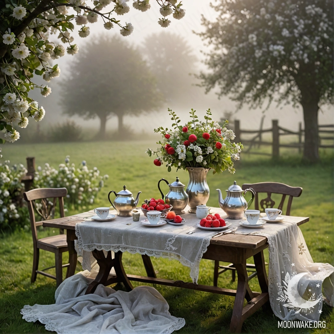 A shabby vintage table surrounded by mist, with cups, a teapot, berries, a bottle of milk, and flowers under a blossoming apple tree.