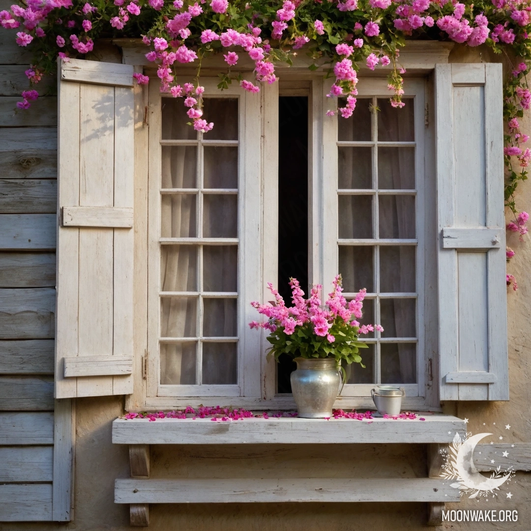 Shabby Window with Kerosene Lamp and Blossoms A shabby wooden window surrounded by pink flowers and a kerosene lamp above it.