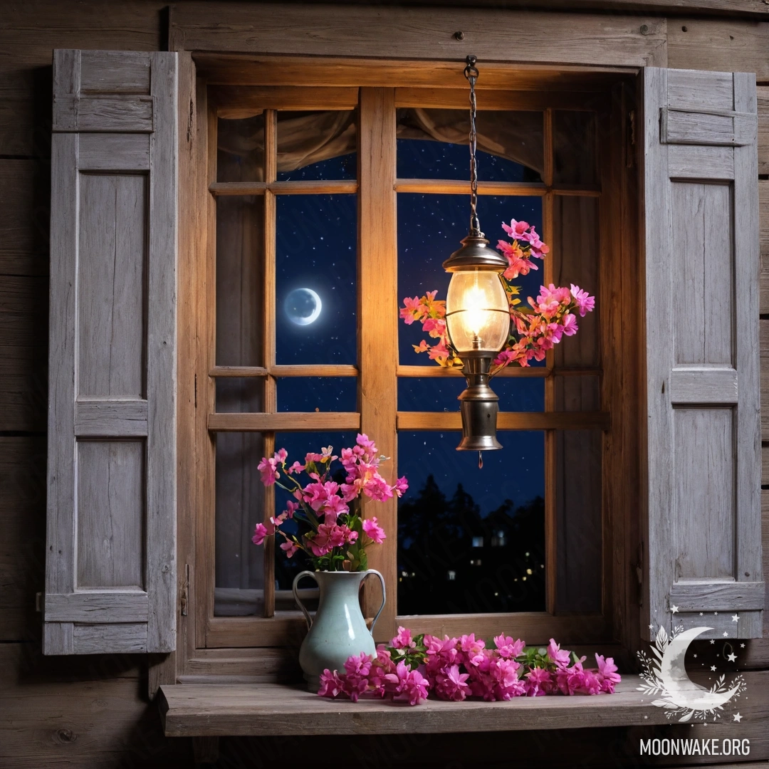 Shabby Window with Kerosene Lamp and Pink Flowers A shabby wooden window with shutters, a kerosene lamp above, and pink flowers curling around the frame at night.
