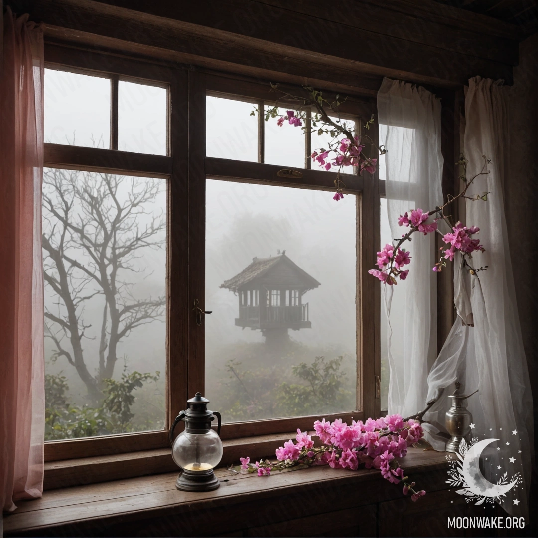 Shabby Window with Kerosene Lamp and Pink Flowers A shabby wooden window with shutters and a hanging kerosene lamp, surrounded by pink flowers in dense fog.