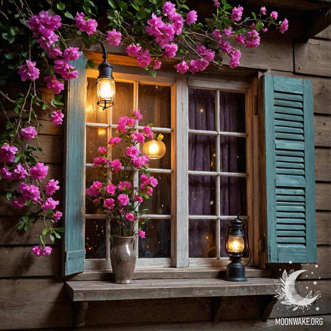 A shabby wooden window with shutters, a hanging kerosene lamp, and pink flowers entwined around it in the night.