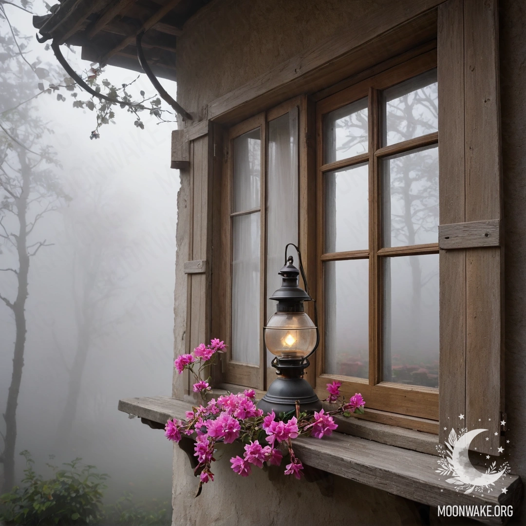 A shabby wooden window with shutters, a kerosene lamp hanging above, surrounded by pink flowers in dense fog.