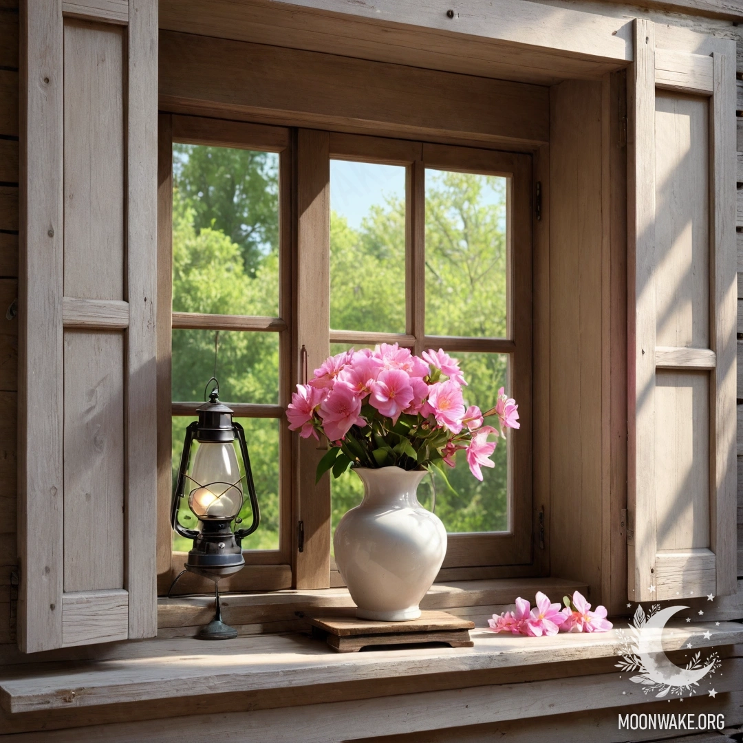 A weathered wooden window with shutters, adorned by pink flowers and a lamp above it, illuminated by sun rays.