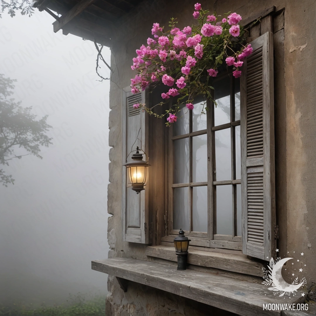 A shabby wooden window with shutters, a kerosene lamp above it, and a branch with pink flowers in dense fog.