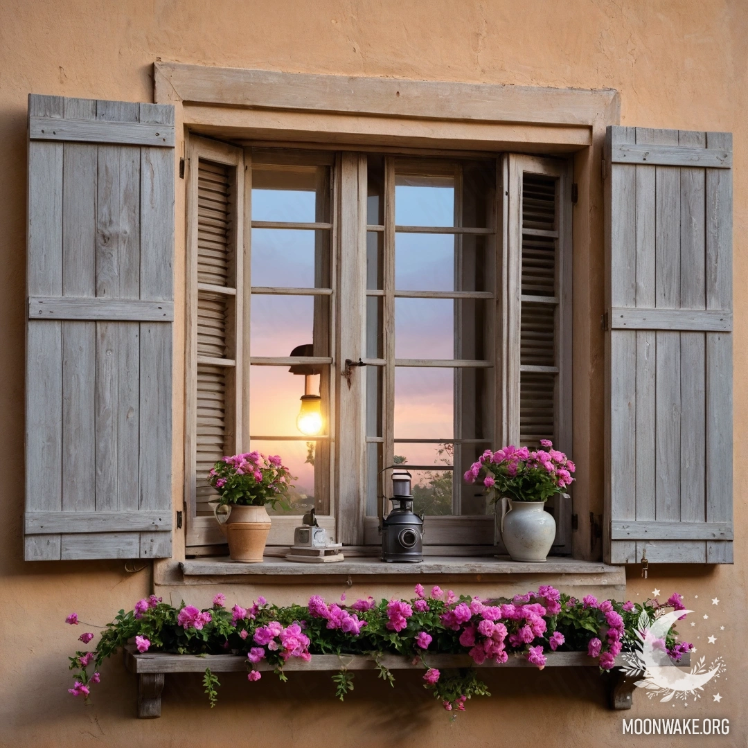 A shabby wooden window with shutters adorned by a branch of pink flowers and a kerosene lamp above during sunset.
