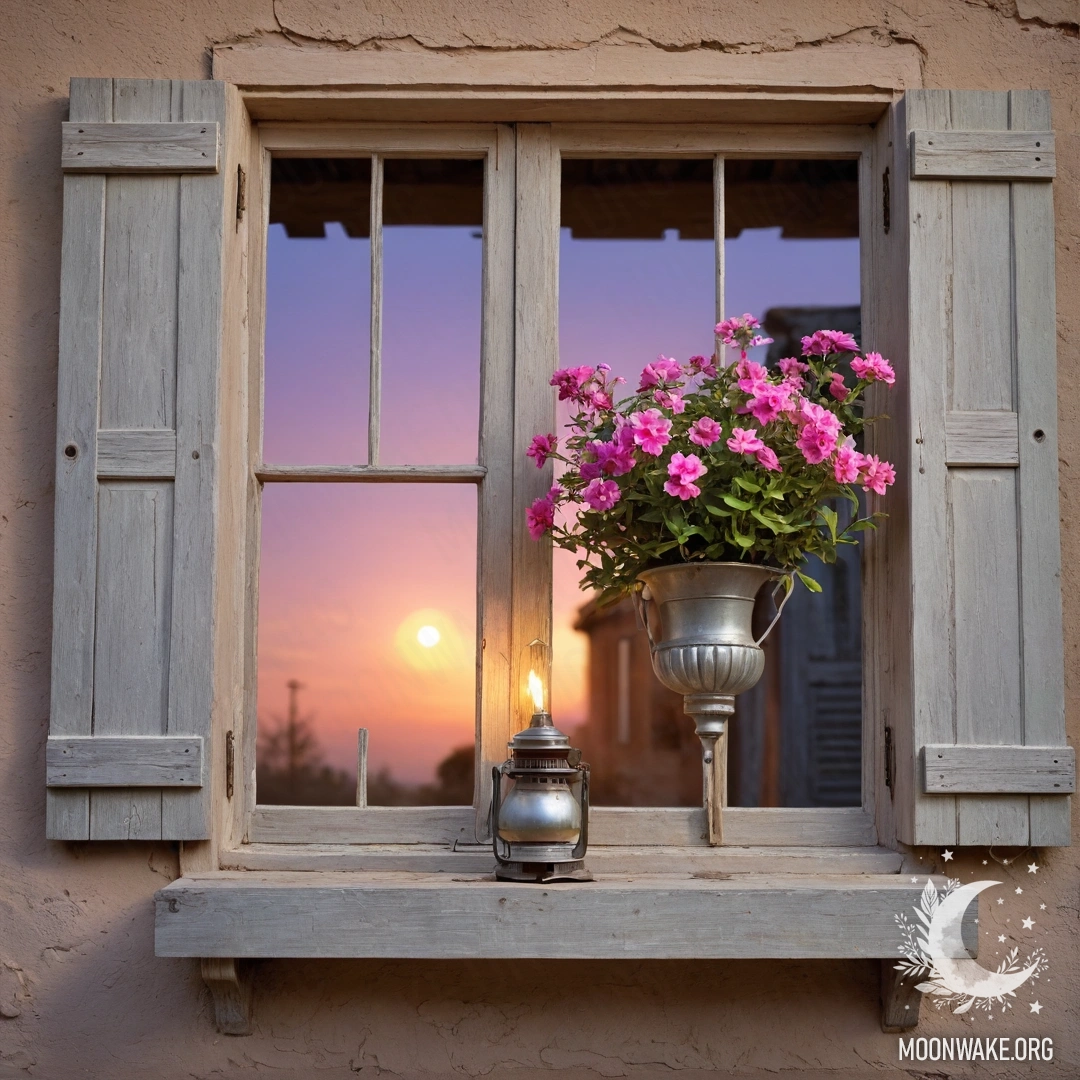 A shabby wooden window with shutters and a kerosene lamp, adorned with pink flowers during sunset.