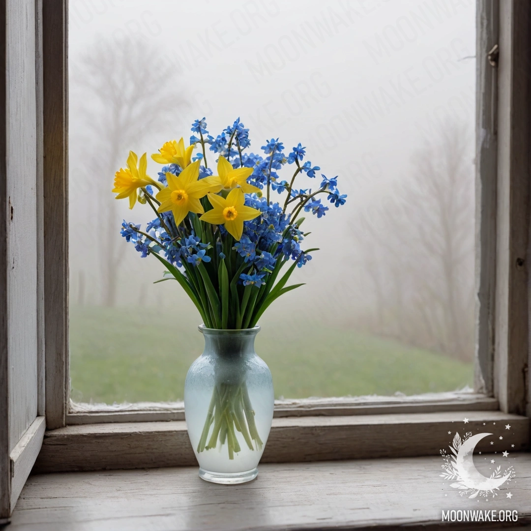 An old shabby wooden window sill adorned with a white porcelain vase containing bright daffodils and delicate forget-me-nots, enveloped in dense mist.