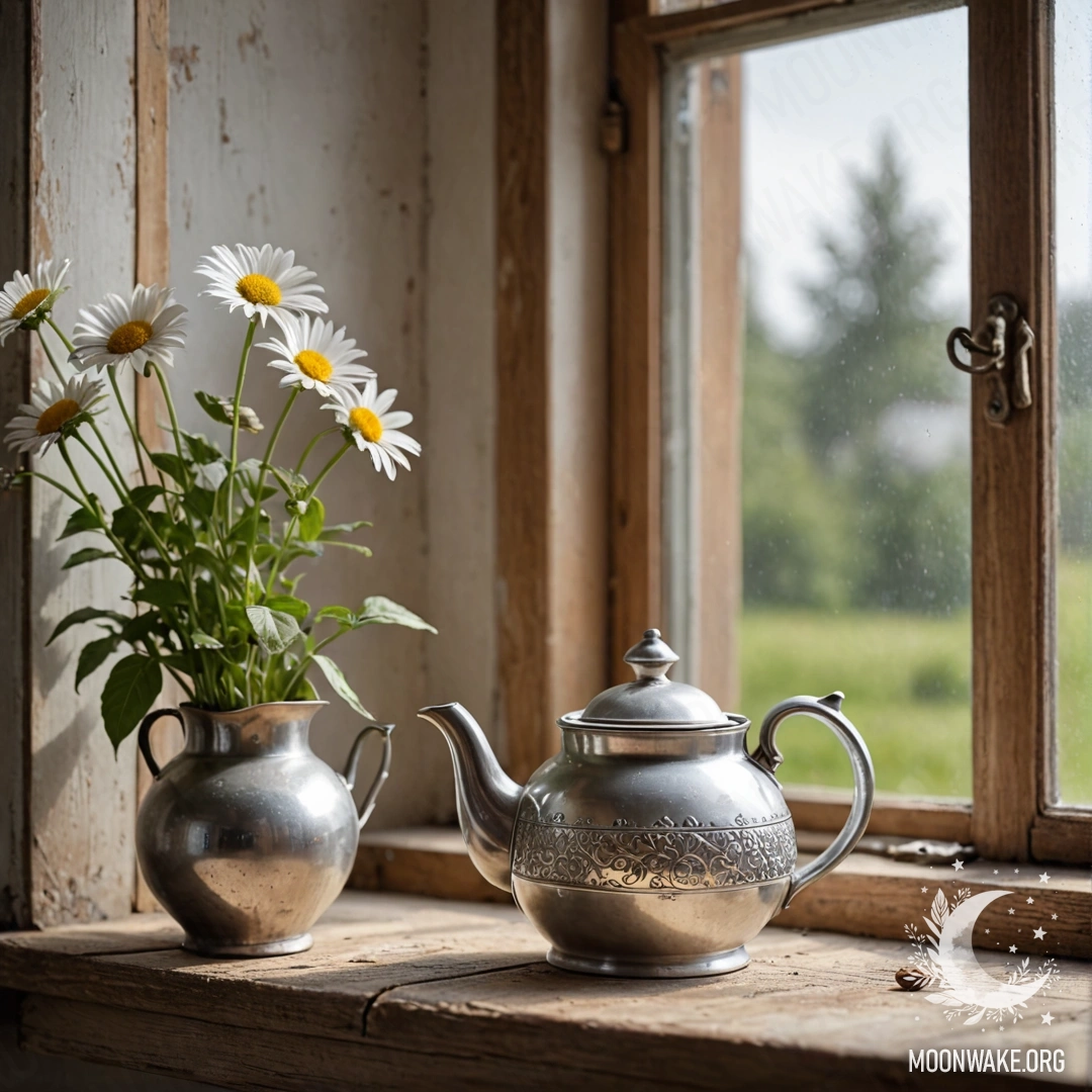 Rustic Charm with Daisies and a Teapot A shabby wooden window sill with a metal teapot and daisies.