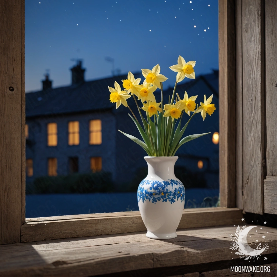 A shabby wooden window sill at night with a white vase of daffodils and forget-me-nots.