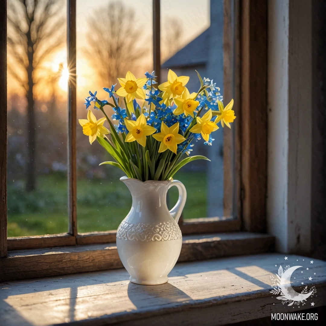 A shabby wooden window sill with a white vase containing daffodils and forget-me-nots during sunset.