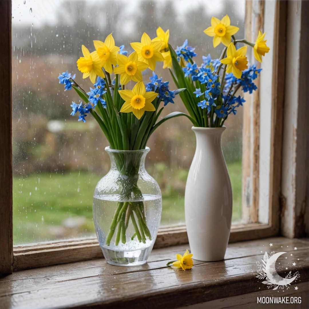 A shabby wooden window sill adorned with a white porcelain vase holding daffodils and forget-me-nots, while it rains outside.