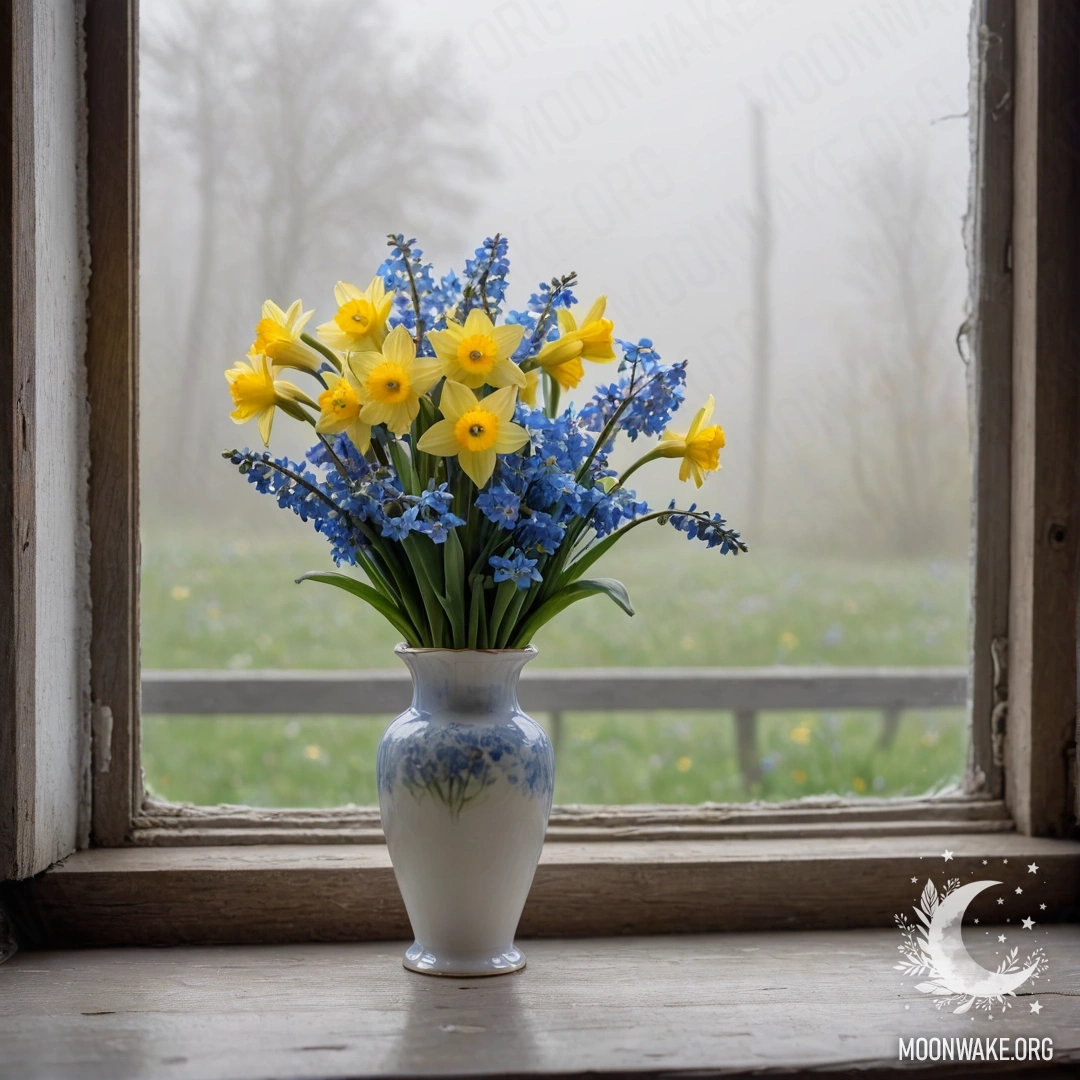 An old wooden window sill with a porcelain vase holding flowers in fog.