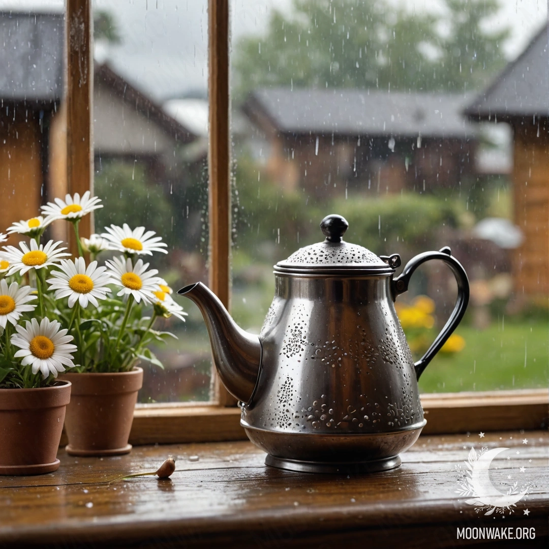 A shabby wooden window sill with a metal teapot and daisies under rain.