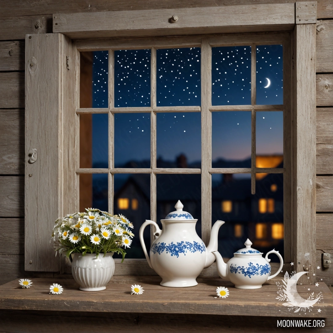 A shabby wooden window sill at night with a metal teapot and daisies.