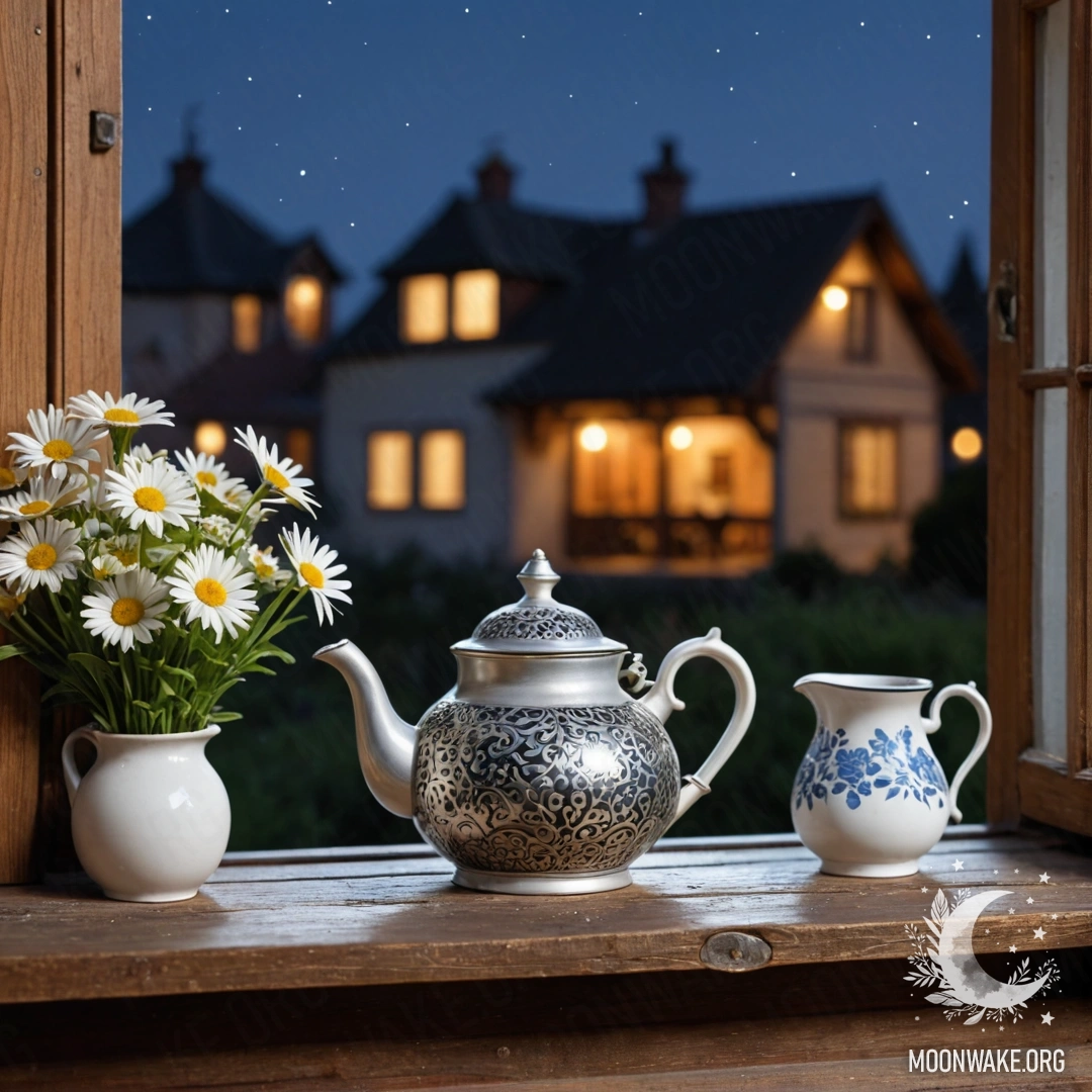 A shabby wooden window sill at night, featuring a metal teapot with patterns and daisies.