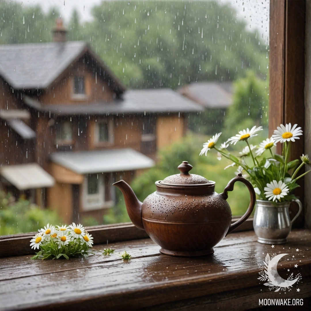 A shabby wooden window sill with a metal teapot and daisies under the rain.