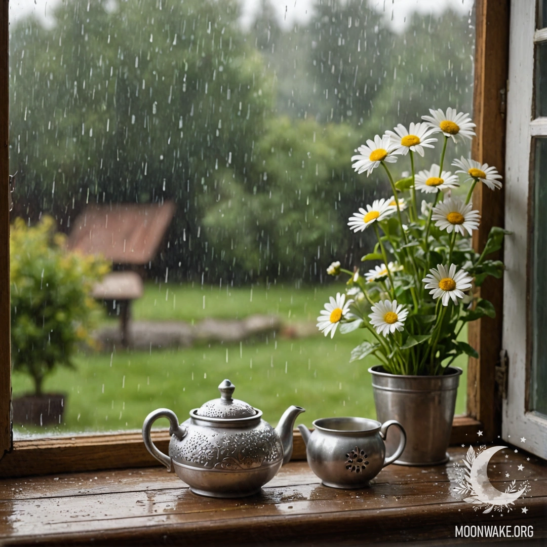 A rusty metal teapot adorned with patterns sits on a shabby wooden window sill with daisies inside, while rain falls gently around.