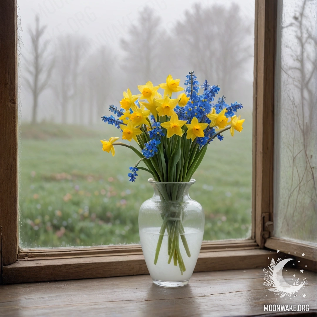 A worn wooden window sill adorned with a white porcelain vase filled with daffodils and forget-me-nots, surrounded by dense fog.